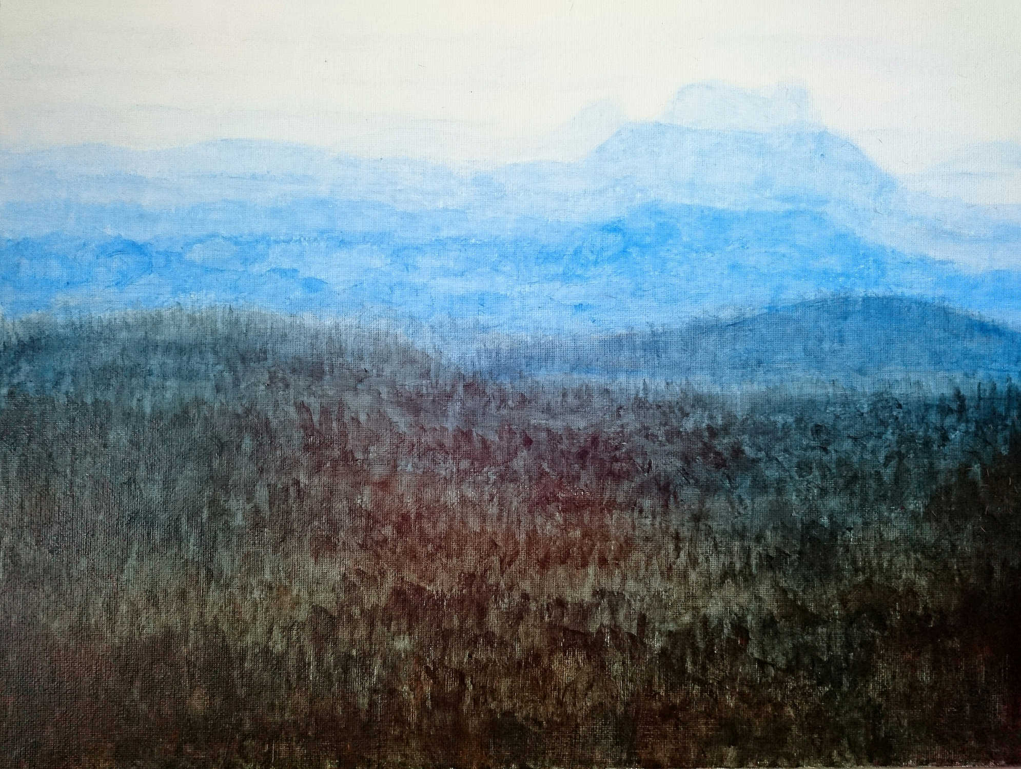 A painting of juxtaposing mountains