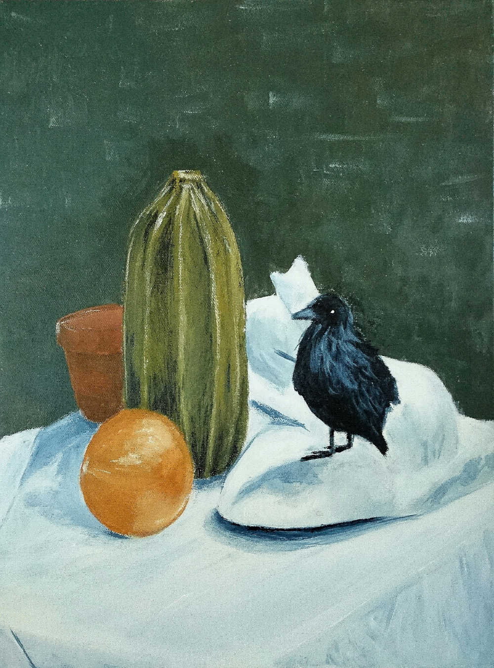 A painting of table with a crow